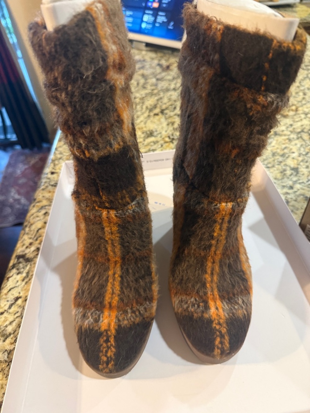 Jessica Simpson Fuzzy Plaid Knee-High Boots in Brown and Orange